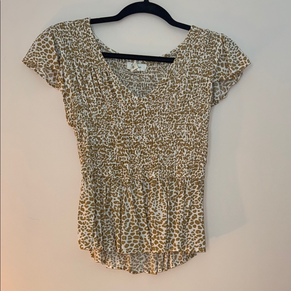 Japna Beige Leopard Print Smocked Blouse